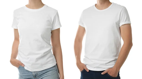 Close Zicht Mensen Shirts Witte Achtergrond Collage Ruimte Voor Ontwerp — Stockfoto