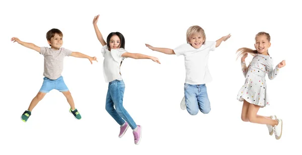 Cute Little Children Jumping White Background Collage Banner Design Stock Photo