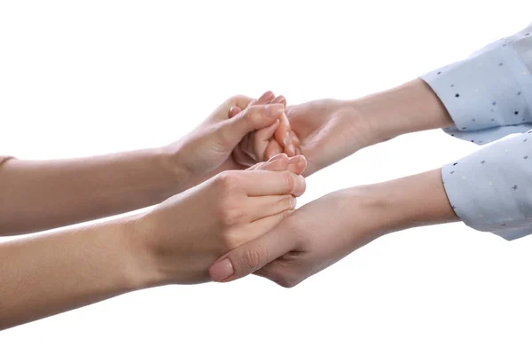 Vrouwen Houden Handen Witte Achtergrond Close — Stockfoto