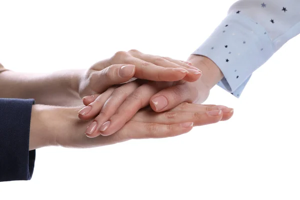 Vrouwen Hand Hand Witte Achtergrond Close — Stockfoto