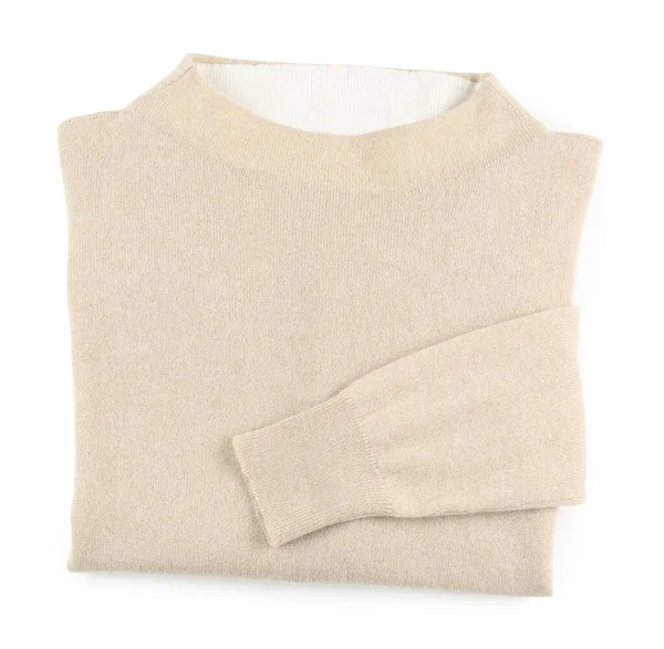 Maglione Pieghevole Cashmere Beige Isolato Bianco Vista Dall Alto — Foto Stock