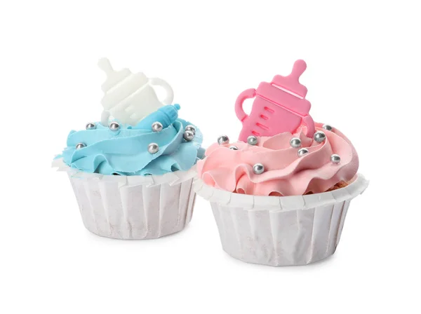 Cupcakes Baby Shower Con Crema Azul Claro Rosa Sobre Fondo — Foto de Stock