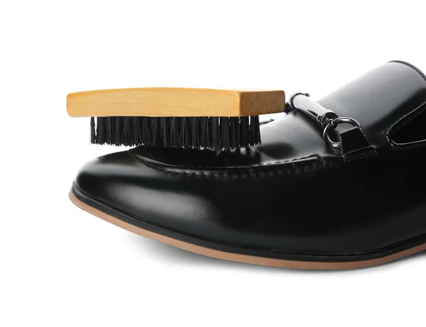 Черная Обувь Кисть Белом Фоне Крупным Планом Уход Обувью — стоковое фото