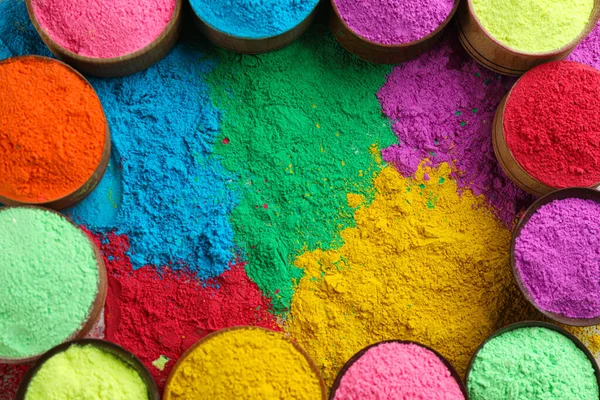 Bunte Puderfarbstoffe Als Hintergrund Draufsicht Holi Fest — Stockfoto