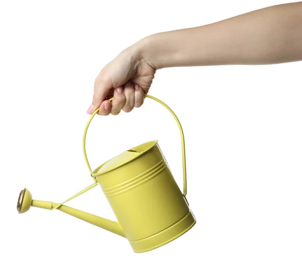 Woman Holding Watering Can White Background Closeup — Stock Photo, Image