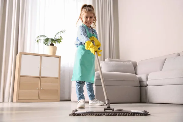 Little Girl Mopping Floor Living Room Home — Stock Photo, Image