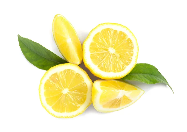 Limones Frescos Maduros Con Hojas Sobre Fondo Blanco Vista Superior — Foto de Stock