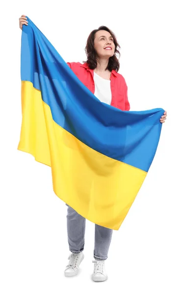 Ευτυχισμένη Γυναίκα Σημαία Της Ουκρανίας Λευκό Φόντο — Φωτογραφία Αρχείου