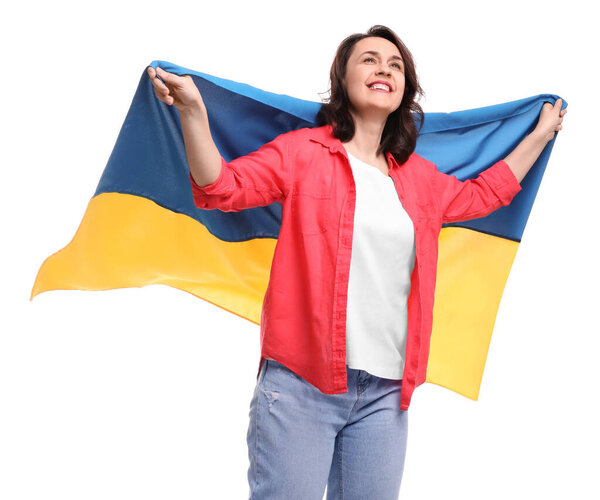 Happy woman with flag of Ukraine on white background