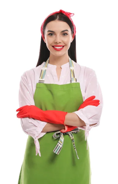 Junge Hausfrau Trägt Gummihandschuhe Auf Weißem Hintergrund — Stockfoto