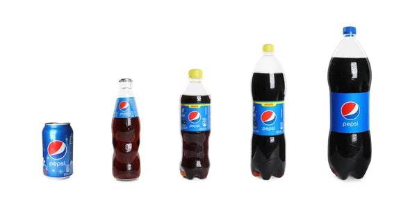 Mykolaiv Ukraine Február 2021 Palack Doboz Pepsi Fehér Alapon Kollázs — Stock Fotó