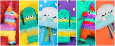 Collage with photos of funny pinatas on different color backgrounds, top view. Banner design clipart