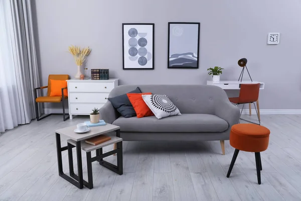Stylish Grey Living Room Interior Comfortable Sofa — Stock Photo, Image