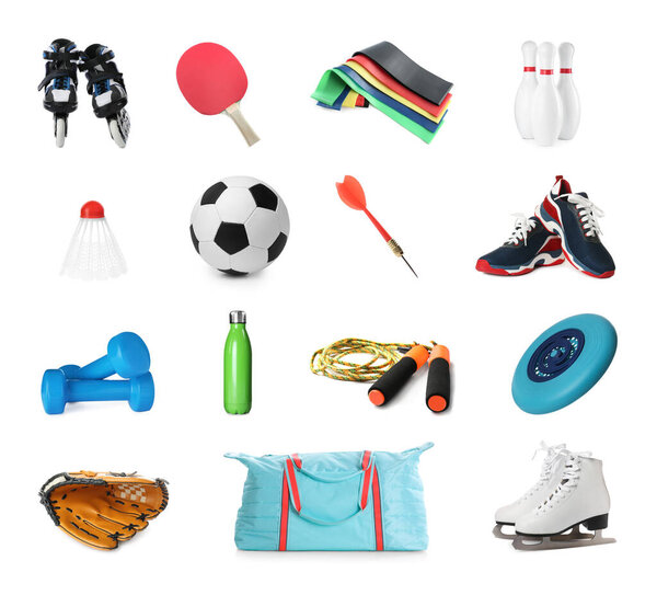 Set with different sports tools on white background 