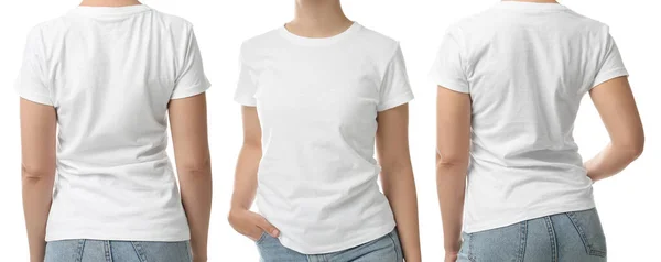 Vista Cerca Mujer Camiseta Sobre Fondo Blanco Collage Espacio Para — Foto de Stock