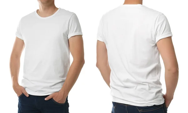 Widok Bliska Człowieka Koszulce Białym Tle Kolaż Miejsce Projektowania — Zdjęcie stockowe