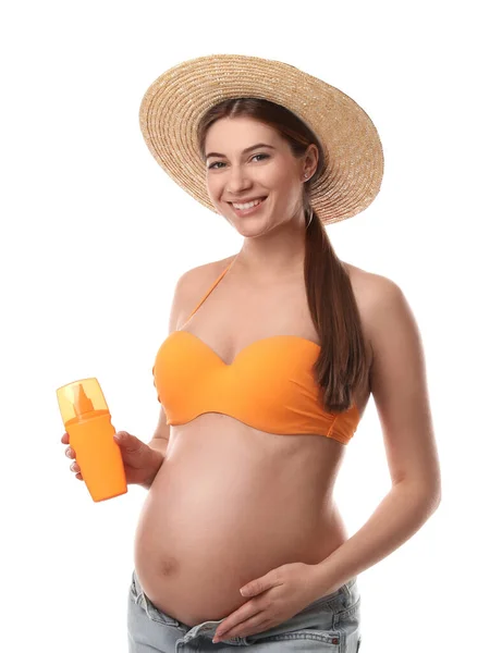 Jonge Zwangere Vrouw Met Zon Bescherming Spray Witte Achtergrond — Stockfoto
