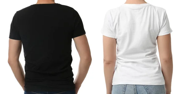 Close Zicht Mensen Shirts Witte Achtergrond Collage Ruimte Voor Ontwerp — Stockfoto