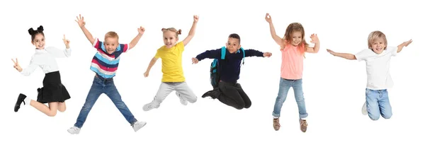 Lindos Niños Saltando Sobre Fondo Blanco Collage Diseño Banner — Foto de Stock