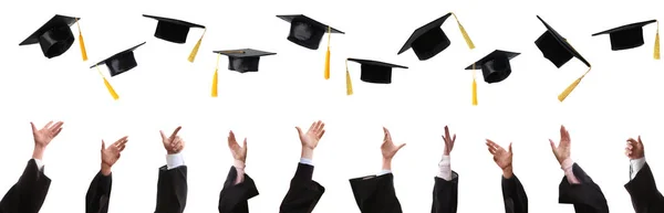 Grupo Graduados Lanzando Sombreros Contra Fondo Blanco Primer Plano Diseño —  Fotos de Stock