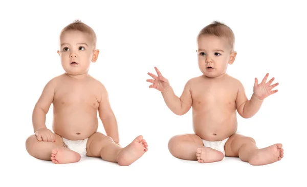 Cute Little Babies White Background Collage — Stock Photo, Image