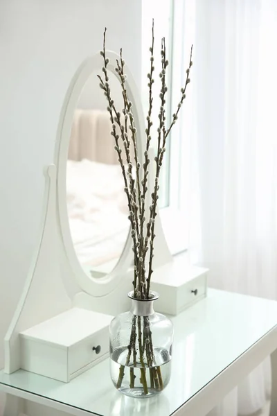 Beautiful Blooming Pussy Willow Branches White Dressing Table Indoors — Φωτογραφία Αρχείου