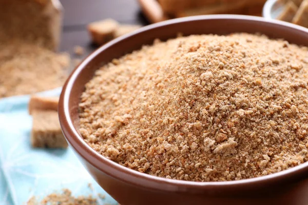 Fresh Breadcrumbs Bowl Table Closeup — Stock Photo, Image