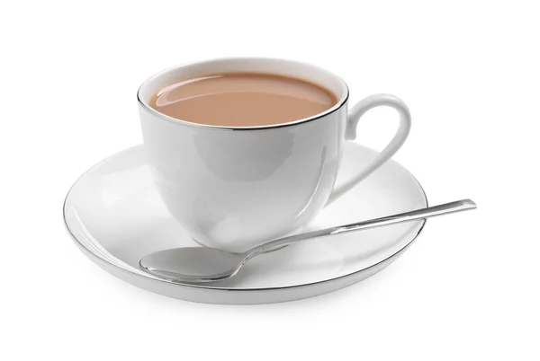 Chá Delicioso Com Leite Fundo Branco — Fotografia de Stock