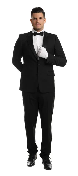 Knappe Butler Elegant Uniform Witte Achtergrond — Stockfoto