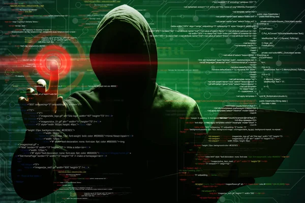 Człowiek Laptopem Cyfrowym Kodem Ciemnym Tle Koncepcja Cyberataku — Zdjęcie stockowe