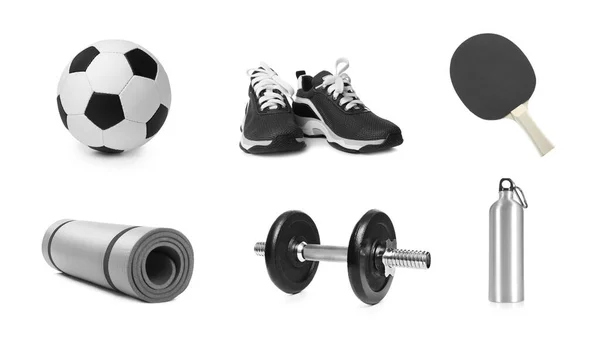 Conjunto Com Diferentes Ferramentas Esportivas Fundo Branco — Fotografia de Stock