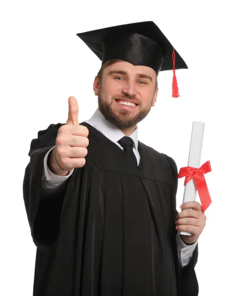 Happy Student Graduation Hat Diploma White Background Focus Hand — Stock Photo, Image