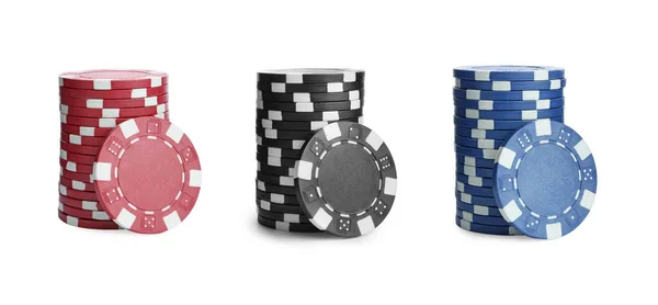 Set Stacks Different Casino Chips White Background Banner Design Poker — Stock Photo, Image