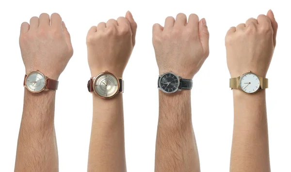 Collage Con Fotos Personas Con Relojes Pulsera Sobre Fondo Blanco — Foto de Stock