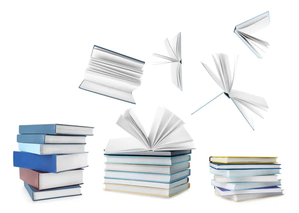 Empilhados Voando Livros Sobre Fundo Branco Colagem — Fotografia de Stock