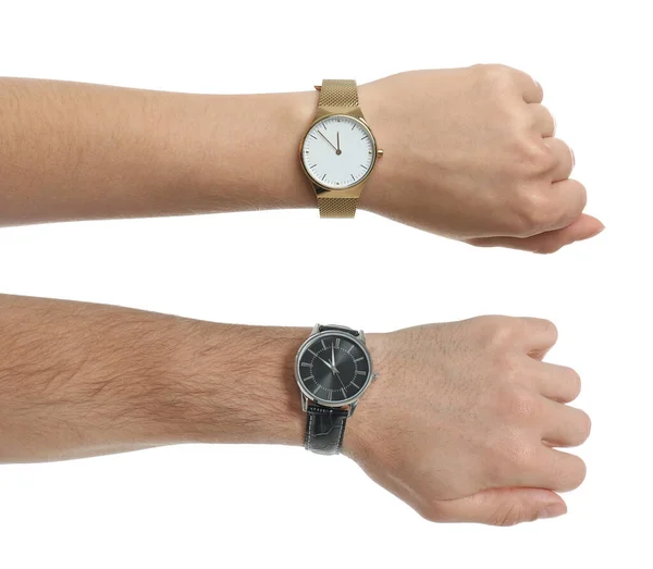 Collage Con Fotos Personas Con Relojes Pulsera Sobre Fondo Blanco — Foto de Stock