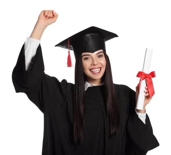 Glückliche Studentin Mit Diplomhut Und Diplom Auf Weißem Hintergrund — Stockfoto