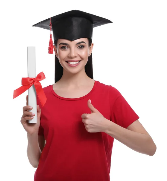 Estudante Feliz Com Chapéu Formatura Diploma Fundo Branco — Fotografia de Stock