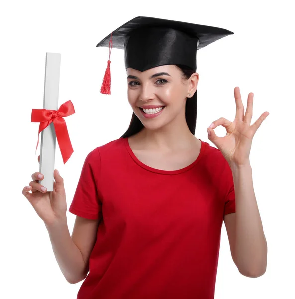 Estudante Feliz Com Chapéu Formatura Diploma Fundo Branco — Fotografia de Stock