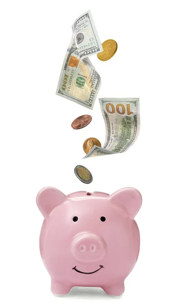 Notas Moedas Que Caem Mealheiro Sobre Fundo Branco Poupar Dinheiro — Fotografia de Stock