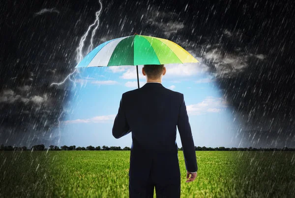 Businessman Umbrella Heavy Rain Insurance Concept — Stock Photo, Image