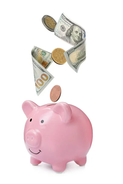 Banknoten Und Münzen Fallen Sparschweine Auf Weißem Hintergrund Geld Sparen — Stockfoto