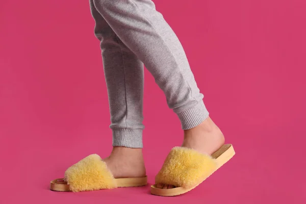 Woman Fluffy Slippers Pink Background Closeup — Stock Photo, Image