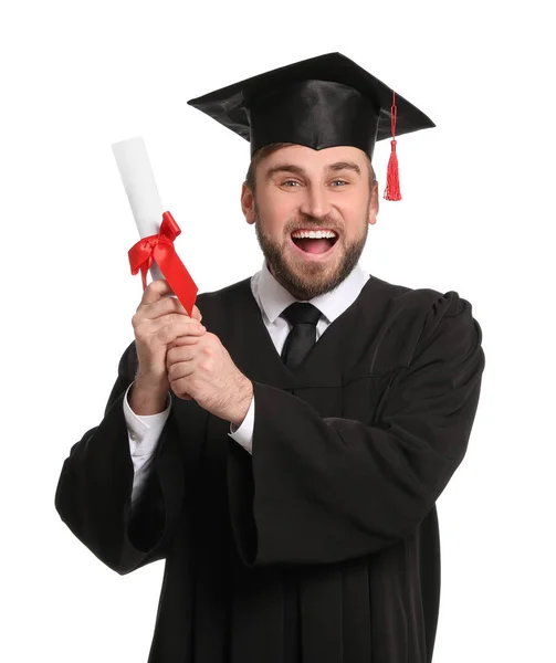Emotionele Student Met Afstudeerhoed Diploma Witte Achtergrond — Stockfoto