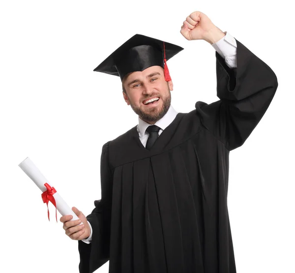 Emotional Student Graduation Hat Diploma White Background — Stock Photo, Image