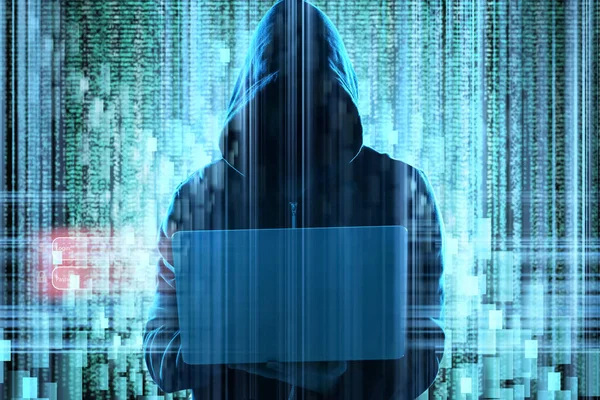 暗い背景にラップトップとデジタルコードを持つ男 サイバー攻撃の概念 — ストック写真