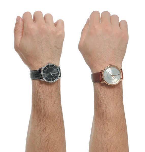 Kolaż Zdjęciami Mężczyzn Noszących Zegarki Białym Tle Zbliżenie — Zdjęcie stockowe