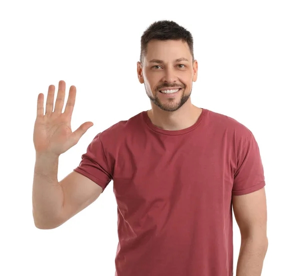 Alegre Hombre Saludando Con Mano Para Decir Hola Sobre Fondo — Foto de Stock