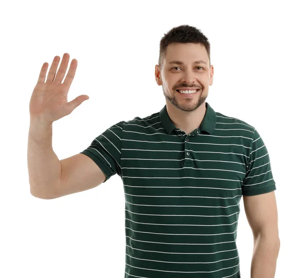 Homem Alegre Acenando Para Dizer Olá Fundo Branco — Fotografia de Stock