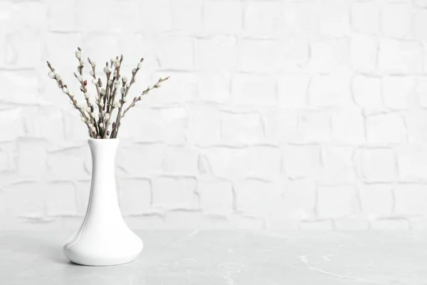 Beautiful Pussy Willow Branches Vase Grey Marble Table Space Text — Stock fotografie